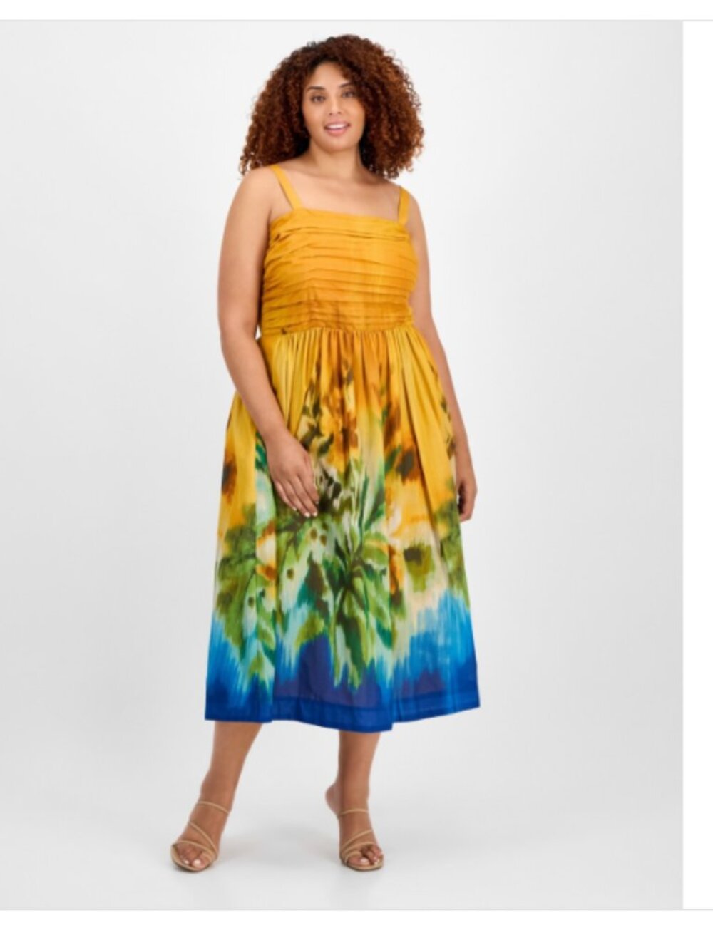 Tahari Asl Plus Size Printed Cotton Sleeveless MIDI Dress - Mustard/Haze